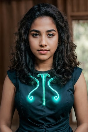 Look at camera, symmetrical eyes, 22 year old girl ,  thick waist, very very long curly brown hair,  futuristic dress, (bioluminescence:1.3), bio suite, , front view, movie scene, cinematic, high-quality, ultra-detailed, professionally color graded, professional photography.  ( hard light:1.2), (volumetric:1.2), well-lit, double exposure, award-winning photograph, dramatic lighting, dramatic shadows, illumination, long shot, wide shot, full body, at studio, smart watch on left hand, happy_face, Fast shutter speed, 1/1000 sec shutter, salwar, hand_up, sleeveless,18 year old girl,Athulya,1 girl,perfect,hand,fingers,Detailedface