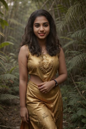 20 year old indian woman,  thick waist, long curly brown hair, gold jewels, front view, movie scene, cinematic, high-quality, ultra-detailed, professionally color graded, professional photography.  ( hard light:1.2), (volumetric:1.2), well-lit, double exposure, award-winning photograph, dramatic lighting, dramatic shadows, illumination, long shot, wide shot, full body, at jungle ,(( dark forest:1.5))smart watch on left hand, happy_face, Fast shutter speed, 1/1000 sec shutter, golden_jewelry, embroidered traditional indian dress, , salwar, red cloth, sleeveless,18 year old girl,Athulya