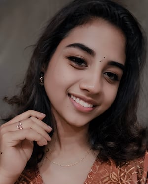 photorealistic, sharp focus, raw amateur photo, beautiful 25yo mallu  girl, take a selfie, happy, mouth open, detailed skin texture, Raw photo of (17yo Kerala cute and Beautiful young woman:1.1) (best quality, highres, ultra-detailed:1.2),  Fully dressed, vibrant colors, glowing dimond, glowing eyes, realistic Raw photo, realistic lighting, (goosebumbs:0.7), dynamic pose, looking at viewer, taken with mobile camera, film grain, half body, wedding LUT,1 girl,photo of perfecteyes eyes