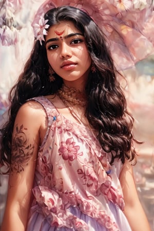 portrait,17 old young woman, flower dress, colorful, darl background,flower armor, good anatomy, best quality, (((masterpiece))), high quality, realist, best detailed, details, realist skin, skin detailed, tatoos,art ,Mallu 18 old babe,REALISTIC,1 girl,Sahana