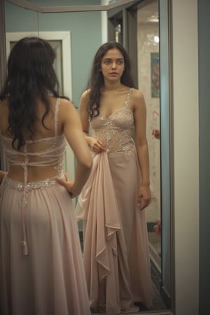 Casual photo of a young woman changing her dress in a mirror dressing room, masterpiece,Girl22