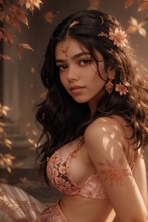 portrait,17 old young woman, flower dress, colorful, darl background,flower armor, good anatomy, best quality, (((masterpiece))), high quality, realist, best detailed, details, realist skin, skin detailed, underboobs, tatoos,art ,Mallu 18 old babe,REALISTIC,1 girl