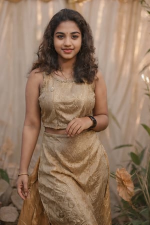 20 year old indian woman,  thick waist, long curly brown hair, gold jewels, front view, movie scene, cinematic, high-quality, ultra-detailed, professionally color graded, professional photography.  ( hard light:1.2), (volumetric:1.2), well-lit, double exposure, award-winning photograph, dramatic lighting, dramatic shadows, illumination, long shot, wide shot, full body, at studio, smart watch on left hand, happy_face, Fast shutter speed, 1/1000 sec shutter, golden_jewelry, embroidered traditional indian dress, , salwar, red cloth, sleeveless,18 year old girl,Athulya
