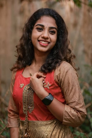 Mid close up:1.3), 20 year old indian woman,  thick waist, long curly brown hair, gold jewels, front view, look at camera,vmovie scene, cinematic, high-quality, ultra-detailed, professionally color graded, professional photography. (((Symmetrical eyes)( hard light:1.2), (volumetric:1.2), well-lit, double exposure, award-winning photograph, dramatic lighting, dramatic shadows, illumination, long shot, wide shot, full body, at studio, smart watch on left hand, happy_face, Fast shutter speed, 1/1000 sec shutter, golden_jewelry, embroidered traditional indian dress, , salwar, red cloth, sleeveless,18 year old girl,photo of perfecteyes eyes,Athulya
