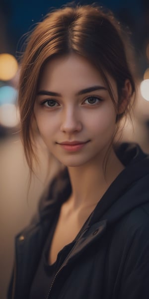 1 girl, aesthetic portrait, medium hair, detailed beautiful eyes, little smile, bokeh, depth of field, nightstreet, Photo Realistic, Extremely Realistic, cinematic lighting, 