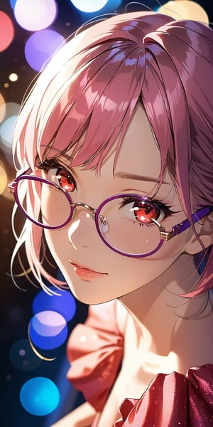 //Quality, Masterpiece, Top Quality, Official Art, Aesthetic and Beautiful, 16K, highest definition, high resolution, 
//Person, (1girl, solo), portrait, beautiful red eyes, beautiful skin, shyly face, anime character, 
//Others, wear pink dress, purple glasses, sexy outfit, (Bokeh, Sharp Focus), view from above, cinematic lighting, looking at viewer, 