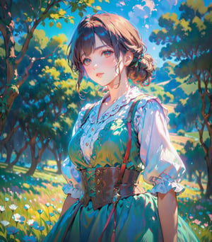 A shepherdess depicted in the Impressionist style, amidst soft, dappled light and flowing fields. (masterpiece, top quality, best quality, official art, beautiful and aesthetic:1.2), (1girl), waist up portrait, extreme detailed, highest detailed, 16k, high resolution, dynamic composition, (bokeh, sharp focus:1.2), low angle, high color contrast, depth of field, 