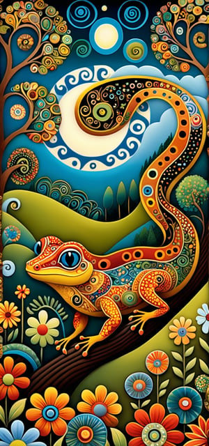 A mysterious gecko, in the style of Edward Saidi Tingatinga, whimsical folk art. surreal naive art style illustration, whimsical scene, swirling patterns of (trees, clouds, field, flowers), detailed patterns of trees, circular designs on branches, interspersed animals, fractal elements within the patchwork gardens, aesthetic touches, ultrafine detail.