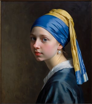 Girl with a Pearl Earring, Johannes Vermeer.
15 years old girl, Tilting head, only little smile, Shyly face, waist up portrait, (look from side:0.8), ((looking at viewer)).

