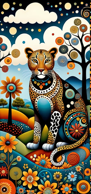 A mysterious leopard, in the style of Edward Saidi Tingatinga, whimsical folk art. surreal naive art style illustration, whimsical scene, swirling patterns of (trees, clouds, field, flowers), detailed patterns of trees, circular designs on branches, interspersed animals, fractal elements within the patchwork gardens, aesthetic touches, ultrafine detail.