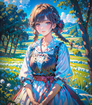 A shepherdess depicted in the Impressionist style, amidst soft, dappled light and flowing fields. (masterpiece, top quality, best quality, official art, beautiful and aesthetic:1.2), (1girl), waist up portrait, extreme detailed, highest detailed, 16k, high resolution, dynamic composition, (bokeh, sharp focus:1.2), low angle, high color contrast, depth of field, 
