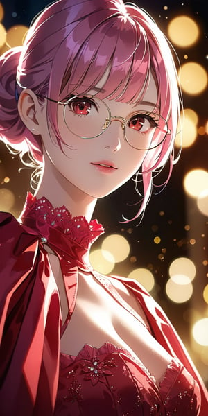 //Quality, Masterpiece, Top Quality, Official Art, Aesthetic and Beautiful, 16K, highest definition, high resolution, 
//Person, (1girl, solo), portrait, beautiful red eyes, beautiful skin, shyly face, anime character, 
//Others, wear pink dress, purple glasses, sexy outfit, (Bokeh, Sharp Focus), view from below, cinematic lighting, looking at viewer, 