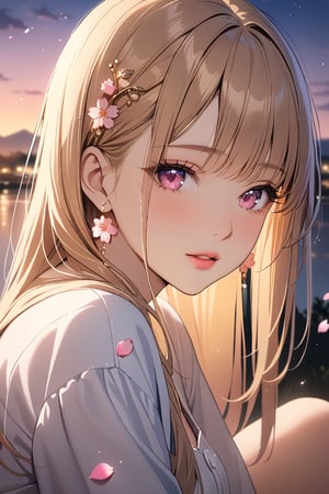 1girl, solo, ((sitting)), long hair, looking at viewer, blush, bangs, hair ornament, jewelry, pink eyes, himecut, blonde straight hair, earrings, parted lips, blurry, lips, ((evening)), eyelashes, portrait, light particles, ((masterpiece)), excellent quality, high resolution, light particles, landscape in background, ((sakura petals in air:1.4)), full body shot,