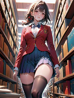 //Quality, masterpiece, best quality, 8k UHD, ultra detailed, ultra-high resolution, ultra-high definition, highres,
//Character, sole_female, red eyes, black shiny hair, bangs, braid, high school uniform, red jacket, hair ribbon, white shirt, pleated skirt, thighhighs,
//Background, at library, evening,
//Others, dramatic lighting,