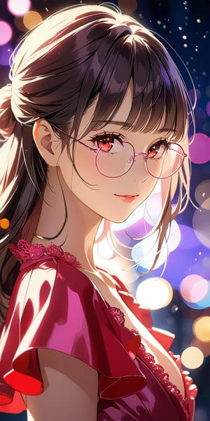 //Quality, Masterpiece, Top Quality, Official Art, Aesthetic and Beautiful, 16K, highest definition, high resolution, 
//Person, (1girl, solo), portrait, beautiful red eyes, beautiful skin, shyly face, anime character, 
//Others, wear pink dress, purple glasses, sexy outfit, (Bokeh, Sharp Focus), view from side, cinematic lighting, looking at viewer, 