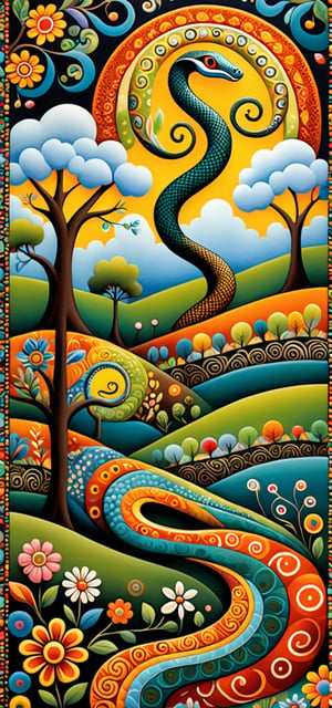 A mysterious snake, in the style of Edward Saidi Tingatinga, whimsical folk art. surreal naive art style illustration, whimsical scene, swirling patterns of (trees, clouds, field, flowers), detailed patterns of trees, circular designs on branches, interspersed animals, fractal elements within the patchwork gardens, aesthetic touches, ultrafine detail.