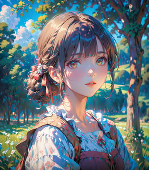 A shepherdess depicted in the Impressionist style, amidst soft, dappled light and flowing fields. (masterpiece, top quality, best quality, official art, beautiful and aesthetic:1.2), (1girl),  portrait, extreme detailed, highest detailed, 16k, high resolution, dynamic composition, (bokeh, sharp focus:1.2), low angle, high color contrast, depth of field, 
