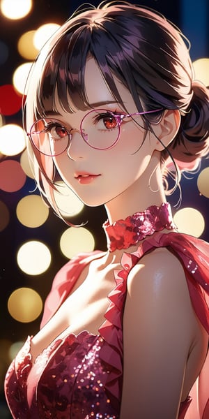 //Quality, Masterpiece, Top Quality, Official Art, Aesthetic and Beautiful, 16K, highest definition, high resolution, 
//Person, (1girl, solo), portrait, beautiful red eyes, beautiful skin, shyly face, 
//Others, wear pink dress, purple glasses, sexy outfit, (Bokeh, Sharp Focus), view from side, cinematic lighting, looking at viewer, 