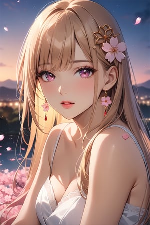 1girl, solo, ((sitting)), long hair, looking at viewer, blush, bangs, hair ornament, jewelry, pink eyes, himecut, blonde straight hair, earrings, parted lips, blurry, lips, ((evening)), eyelashes, portrait, light particles, ((masterpiece)), excellent quality, high resolution, light particles, landscape in background, ((sakura petals in air:1.4)), full body shot,