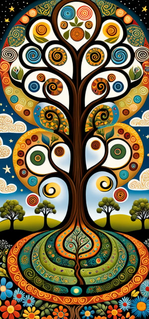 A mysterious tree of life, in the style of Edward Saidi Tingatinga, whimsical folk art. surreal naive art style illustration, whimsical scene, swirling patterns of (trees, clouds, field, flowers), detailed patterns of trees, circular designs on branches, interspersed animals, fractal elements within the patchwork gardens, aesthetic touches, ultrafine detail.