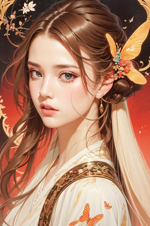 A girl, butterfly, (negative space:1.4), art nouveau styles, gold and white and red hue, Mucha style, (Cinematic lighting, ethereal light, intricate details, extremely detailed, incredible details, full colored), complex details, hyper maximalist, gorgeous light and shadow, detailed decoration, detailed lines. masterpiece, best quality, HDR, UHD, unreal engine. looking at the camera, fair skin, beautiful face,