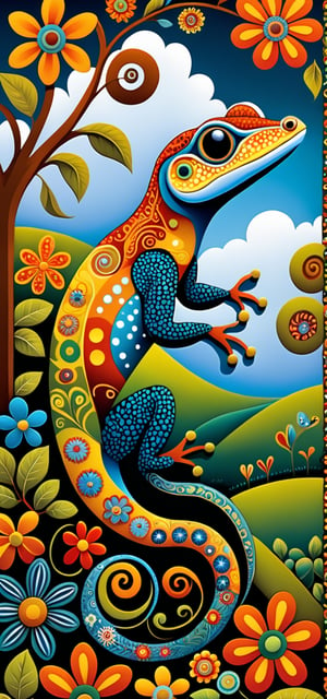 A mysterious gecko, in the style of Edward Saidi Tingatinga, whimsical folk art. surreal naive art style illustration, whimsical scene, swirling patterns of (trees, clouds, field, flowers), detailed patterns of trees, circular designs on branches, interspersed animals, fractal elements within the patchwork gardens, aesthetic touches, ultrafine detail.