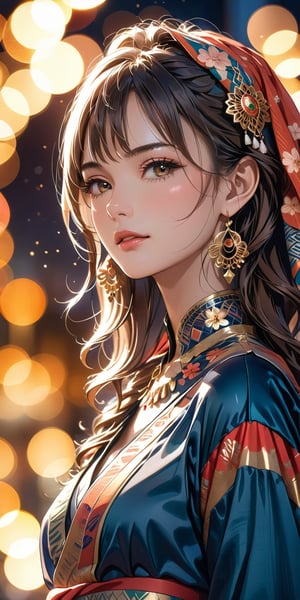 //Quality, Masterpiece, Top Quality, Official Art, Aesthetic and Beautiful, 16K, highest definition, high resolution 
//Character, (1girl), beautiful skin, waist up portrait, shyly face, sexy outfit, front view, (Bokeh, Sharp Focus), low angle, dawn, cinematic lighting, 
//Fashion, Ethnic clothes, 