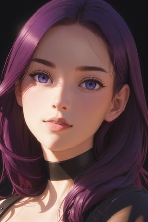 a girl, upper body portrait, medium deep purple hair, detailed beautiful eyes, symmetrical eyes, detailed pretty face, shyly face, perfect anatomy, dramatic lighting, (masterpiece), (highest quality), (best shadow), ultra high resolution, 8K wallpapers, physically based rendering, realistic, high contrast, hyper realism, photography, f1 lens .8, intense colors, hyper realistic texture, cinestill 800, (from side:0.7). 