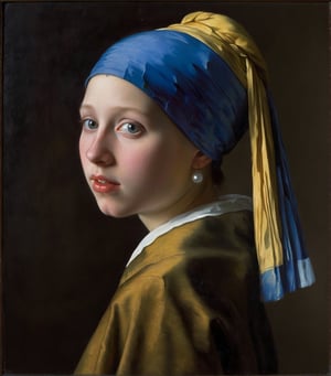 Girl with a Pearl Earring, Johannes Vermeer.
15 years old girl, Tilting head, only little open mouth, waist up portrait, (look from side:0.5), ((looking at viewer)).
