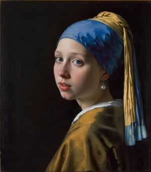 Girl with a Pearl Earring, Johannes Vermeer.
15 years old girl, Tilting head, only little open mouth, waist up portrait, (look from side:0.5), ((looking at viewer)).
