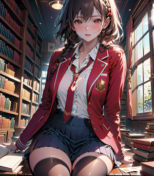 //Quality, masterpiece, best quality, 8k UHD, ultra detailed, ultra-high resolution, ultra-high definition, highres,
//Character, sole_female, red eyes, black shiny hair, bangs, braid, high school uniform, red jacket, hair ribbon, white shirt, pleated skirt, thighhighs,
//Background, library room, sun set,
//Others, dramatic lighting,