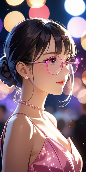 //Quality, Masterpiece, Top Quality, Official Art, Aesthetic and Beautiful, 16K, highest definition, high resolution, 
//Person, (1girl, solo), beautiful skin, waist up portrait, shyly face, 
//Others, wear pink dress, purple glasses, sexy outfit, (Bokeh, Sharp Focus), view from side, cinematic lighting, 