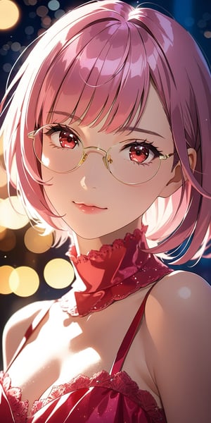 //Quality, Masterpiece, Top Quality, Official Art, Aesthetic and Beautiful, 16K, highest definition, high resolution, 
//Person, (1girl, solo), portrait, beautiful red eyes, beautiful skin, shyly face, anime character, 
//Others, wear pink dress, purple glasses, sexy outfit, (Bokeh, Sharp Focus), view from below, cinematic lighting, looking at viewer, 