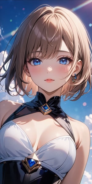 //Quality, Masterpiece, Top Quality, Official Art, Aesthetic and Beautiful, 16K, highest definition, high resolution, 
//Character, (1girl), beautiful skin, waist up portrait, The girl with blue sky and white clouds background, shyly face, sexy outfit, front view, (Bokeh, Sharp Focus), low angle, cinematic lighting, 