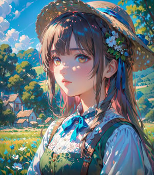 A shepherdess depicted in the Impressionist style, amidst soft, dappled light and flowing fields. (masterpiece, top quality, best quality, official art, beautiful and aesthetic:1.2), (1girl),  portrait, extreme detailed, highest detailed, 16k, high resolution, dynamic composition, (bokeh, sharp focus:1.2), low angle, high color contrast, depth of field, 