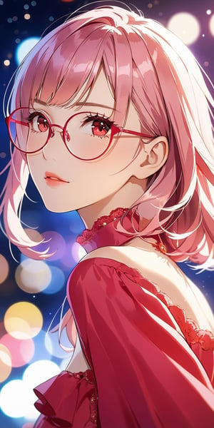//Quality, Masterpiece, Top Quality, Official Art, Aesthetic and Beautiful, 16K, highest definition, high resolution, 
//Person, (1girl, solo), portrait, beautiful red eyes, beautiful skin, shyly face, anime character, 
//Others, wear pink dress, purple glasses, sexy outfit, (Bokeh, Sharp Focus), view from side above, cinematic lighting, looking at viewer, 
