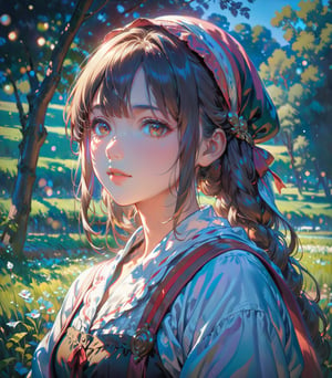 A shepherdess depicted in the Impressionist style, amidst soft, dappled light and flowing fields. (masterpiece, top quality, best quality, official art, beautiful and aesthetic:1.2), (1girl),  portrait, extreme detailed, highest detailed, 16k, high resolution, dynamic composition, (bokeh, sharp focus:1.2), low angle, high color contrast, depth of field, 