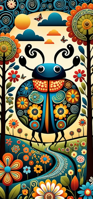 A mysterious beetle, in the style of Edward Saidi Tingatinga, whimsical folk art. surreal naive art style illustration, whimsical scene, swirling patterns of (trees, clouds, field, flowers), detailed patterns of trees, circular designs on branches, interspersed animals, fractal elements within the patchwork gardens, aesthetic touches, ultrafine detail.