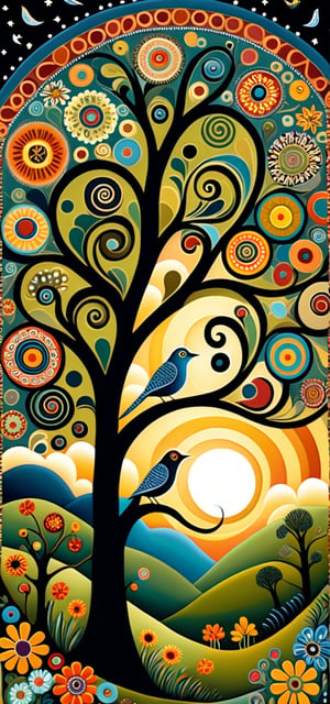 A mysterious bird, in the style of Edward Saidi Tingatinga, whimsical folk art. surreal naive art style illustration, whimsical scene, swirling patterns of (trees, clouds, field, flowers), detailed patterns of trees, circular designs on branches, interspersed animals, fractal elements within the patchwork gardens, aesthetic touches, ultrafine detail.