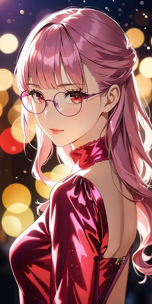 //Quality, Masterpiece, Top Quality, Official Art, Aesthetic and Beautiful, 16K, highest definition, high resolution, 
//Person, (1girl, solo), portrait, beautiful red eyes, beautiful skin, shyly face, anime character, 
//Others, wear pink dress, purple glasses, sexy outfit, (Bokeh, Sharp Focus), view from side, cinematic lighting, looking at viewer, 