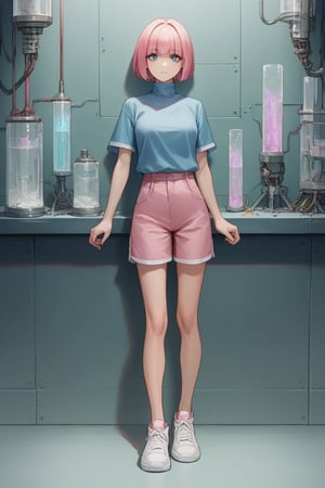 score_9, score_8_up, score_7_up, score_6_up, score_5_up, score_4_up, BREAK source_anime, 1girl, looking at viewer, bob cut, pink hair, blue eyes, blue shirt, turtleneck, short sleeves, pink shorts, white sneakers, standing up, futuristic laboratory