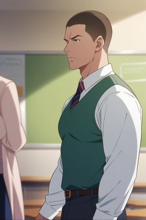 masterpiece, best quality, animescreencap, John Cena,1boy, standing, teacher outfit, front of classroom, solo, short_hair, (upperbody) 
