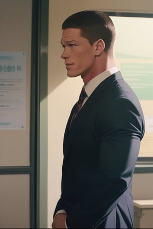 masterpiece, best quality, ((animescreencap)), {{John Cena}},1boy, standing, teacher outfit, front of classroom, solo, short_hair, (upperbody) 
