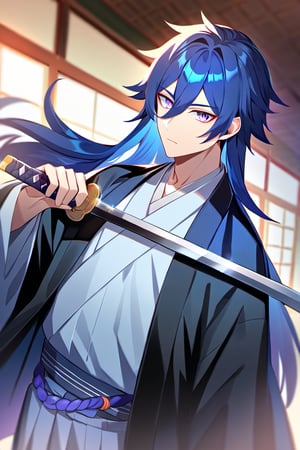 1boy, male focus, bishounen, holding sword, holding weapon, katana, sword, japanese clothes, haori, east asian architecture, solo, looking at viewer, expressionless, blue hair, purple eyes, long hair, best quality, amazing quality, best aesthetic, absurdres
