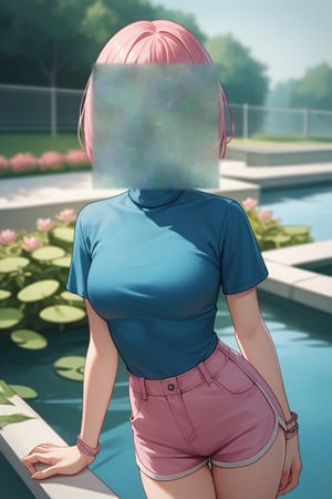 score_9, score_8_up, score_7_up, score_6_up, score_5_up, score_4_up, BREAK source_anime, 1girl, looking at viewer, bob cut, pink hair, blue eyes, blue shirt, turtleneck, short sleeves, pink shorts, white sneaker, standing up, outside, koi pond