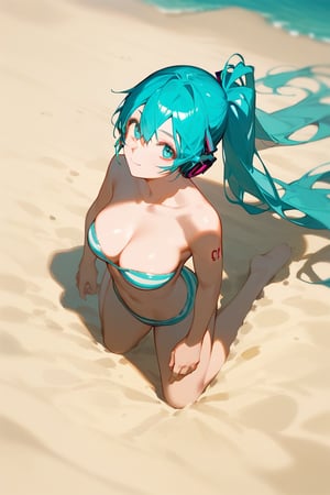 (score_9,score_8_up,score_7_up), anime, 1girl, hatsune miku, kneeling down, outdoors, sand sea, from above