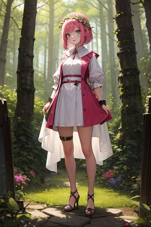 masterpiece, best quality, 1girl, looking at viewer, bob cut, pink hair, Flower Crown, superhero costume, standing, outside, forest