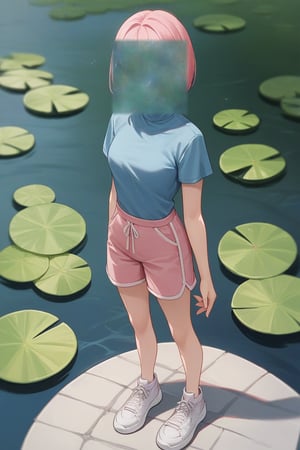 score_9, score_8_up, score_7_up, score_6_up, score_5_up, score_4_up, BREAK source_anime, 1girl, looking at viewer, bob cut, pink hair, blue eyes, blue shirt, turtleneck, short sleeves, pink shorts, white sneakers, standing up, outside, koi pond