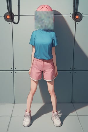score_9, score_8_up, score_7_up, score_6_up, score_5_up, score_4_up, BREAK source_anime, 1girl, olive, looking at viewer, bob cut, pink hair, blue eyes, blue shirt, turtleneck, short sleeves, pink shorts, white sneakers, standing up, futuristic laboratory