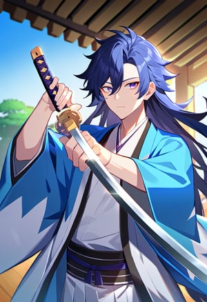 1boy, male focus, bishounen, holding sword, holding weapon, katana, sword, japanese clothes, haori, east asian architecture, solo, looking at viewer, expressionless, blue hair, purple eyes, long hair, best quality, amazing quality, best aesthetic, absurdres
